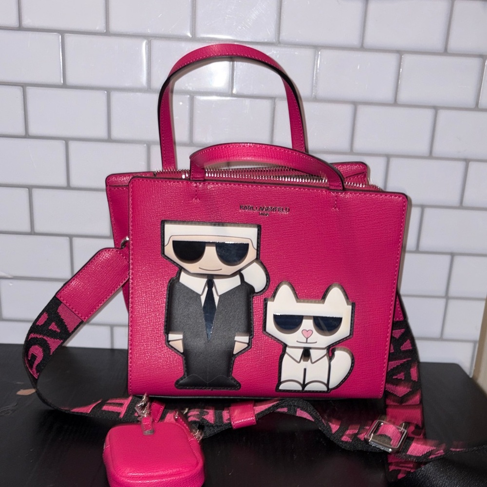 Karl Lagerfeld Hot Pink Leather Appliqué Satchel with Character Motifs